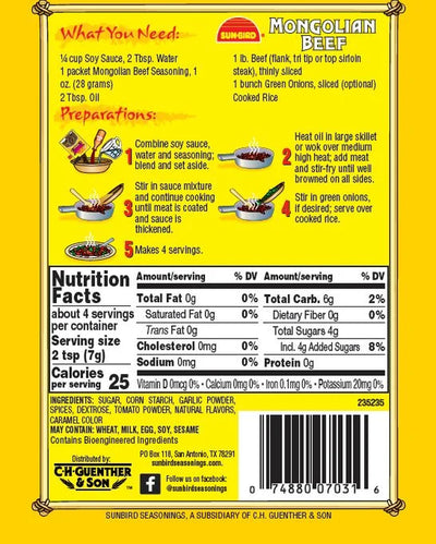 Sun Bird Mongolian Beef Seasoning Mix, 1 Oz