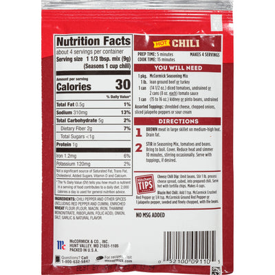 Mccormick Hot Chili Seasoning Mix, 1.25 Oz Envelope