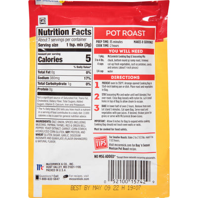 Mccormick Bag 'N Season Pot Roast Cooking & Seasoning Mix, 0.81 Oz Envelope